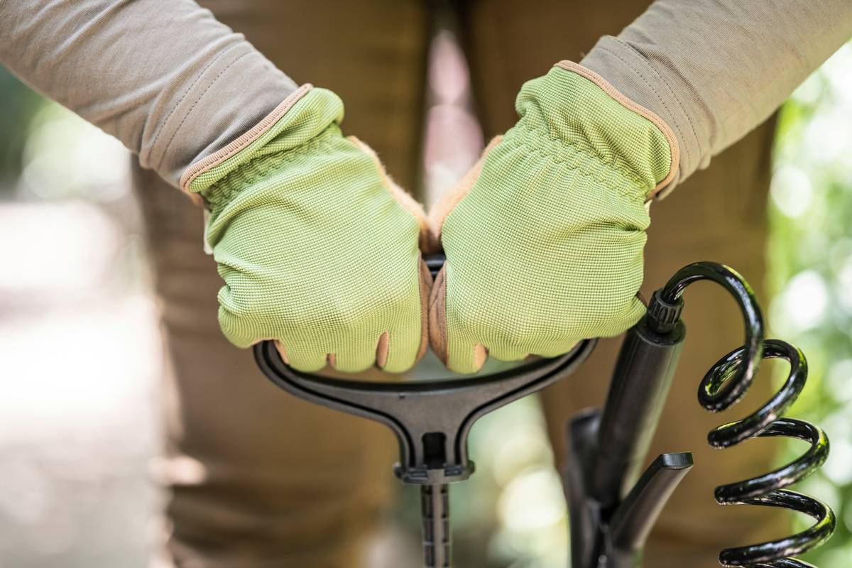 long protective gardening gloves covering forearms while handling thorny rose bushes
